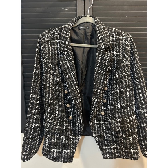 SHEIN CURVE Jackets & Blazers - SHEIN CURVE Black White Plaid Tweed Double Breasted Blazer Gold Buttons 1XL